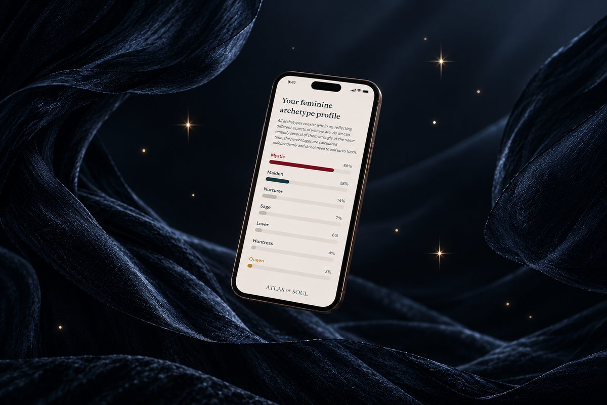 A smartphone displaying the feminine archetype quiz results, floating against a dark draped fabric background with small star-like sparkles.